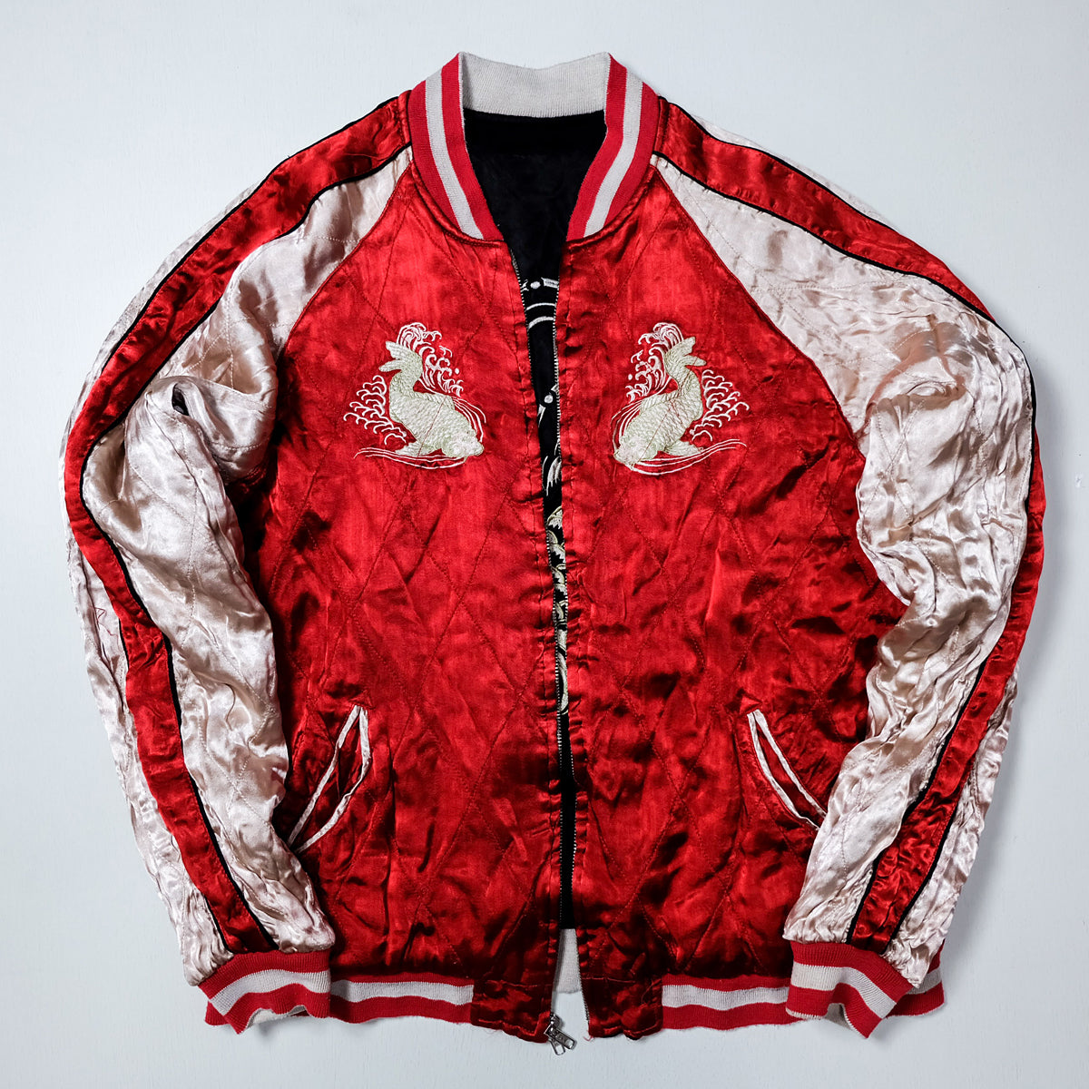 Vintage Japanese Sukajan Souvenir Jacket | Reversible Black & Red Satin | Hand-Embroidered Gold Koi Carp + Pine | Rare Collectible