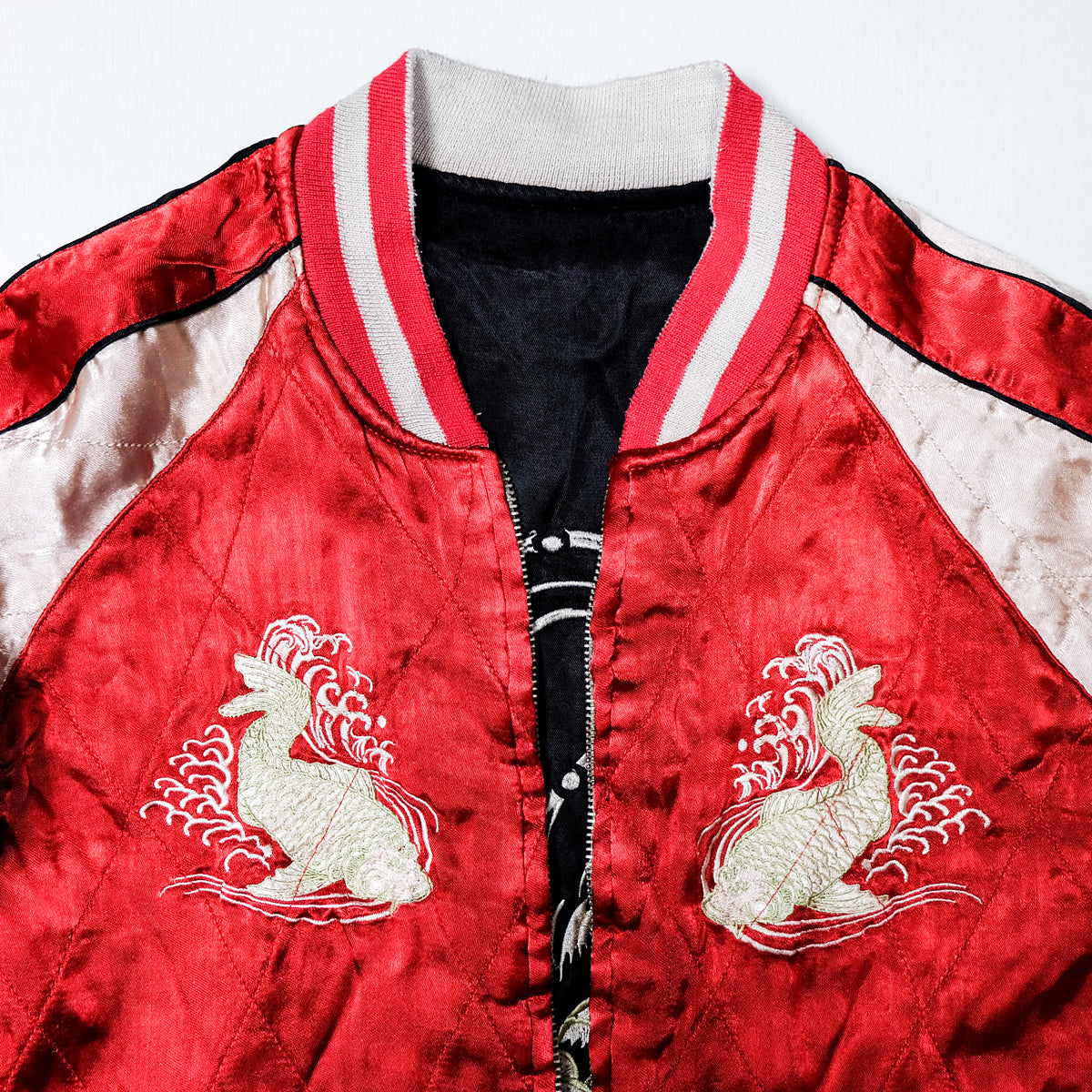 Vintage Japanese Sukajan Souvenir Jacket | Reversible Black & Red Satin | Hand-Embroidered Gold Koi Carp + Pine | Rare Collectible