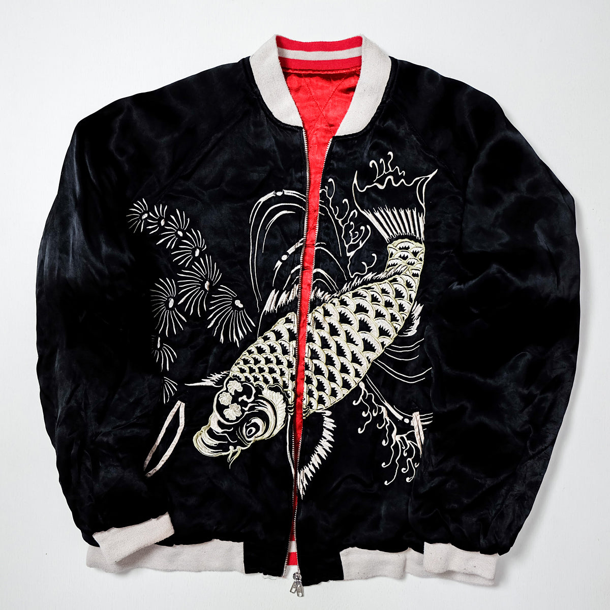 Vintage Japanese Sukajan Souvenir Jacket | Reversible Black & Red Satin | Hand-Embroidered Gold Koi Carp + Pine | Rare Collectible