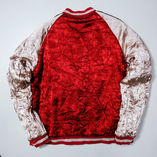 Vintage Japanese Sukajan Souvenir Jacket | Reversible Black & Red Satin | Hand-Embroidered Gold Koi Carp + Pine | Rare Collectible