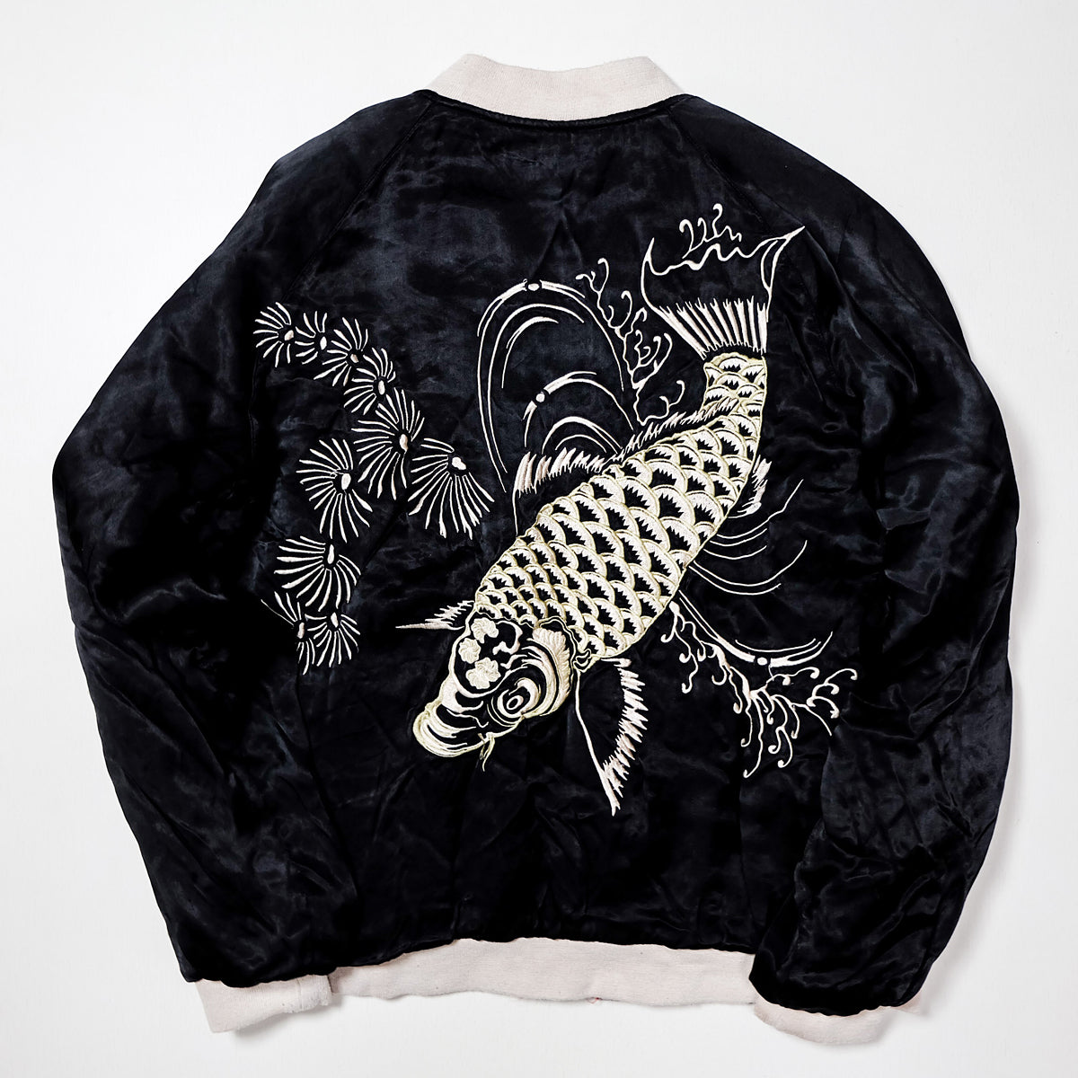 Vintage Japanese Sukajan Souvenir Jacket | Reversible Black & Red Satin | Hand-Embroidered Gold Koi Carp + Pine | Rare Collectible