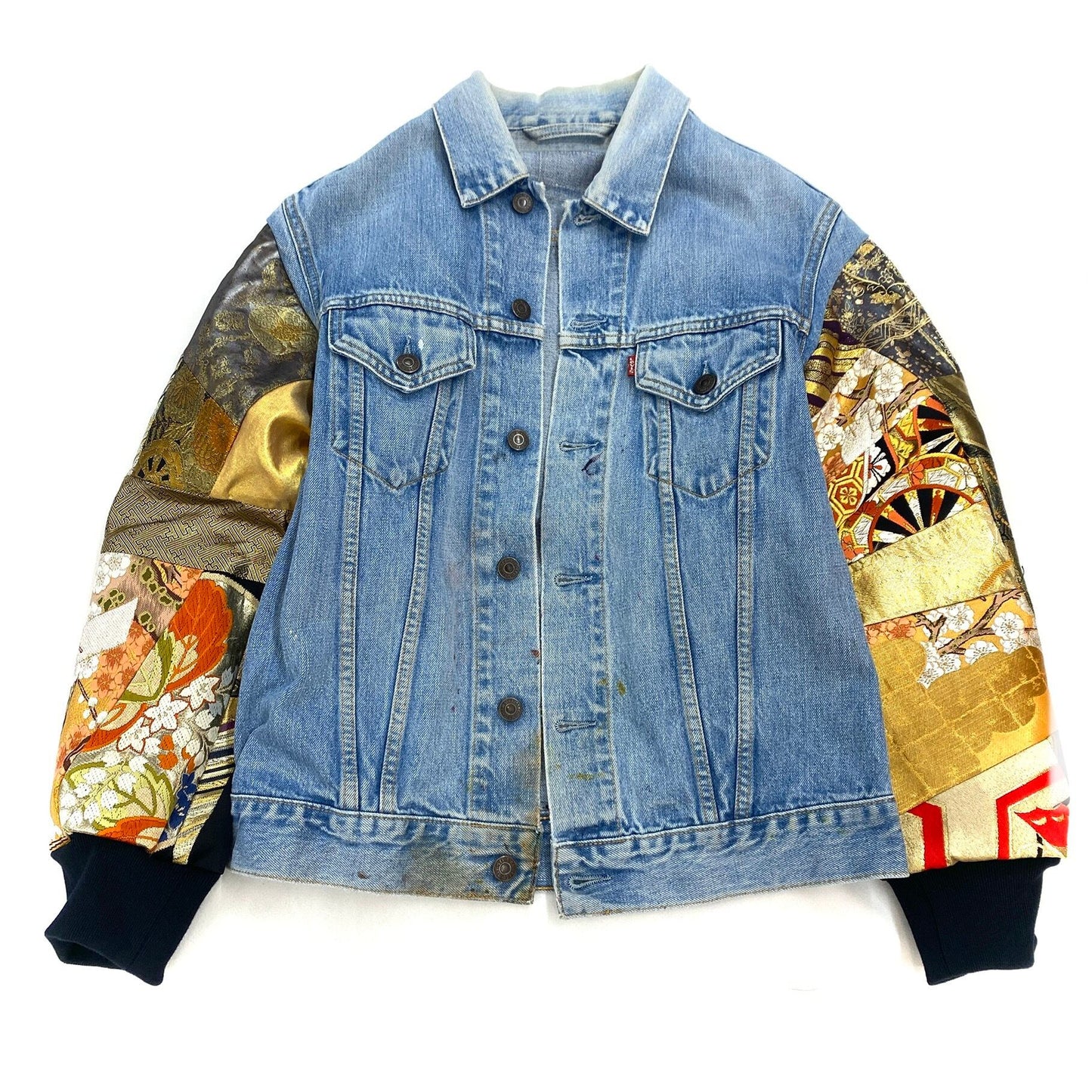 Full Sleeves Wagara Remake Bespoke Japanese Japan Vintage Handmade Custom One and Only One Cote Mer Upcycle Sustainable Street Fashion Embroidered Embroidery Kimono Obi Boro Patchwork x Bleached Denim Jacket ( Size : L )