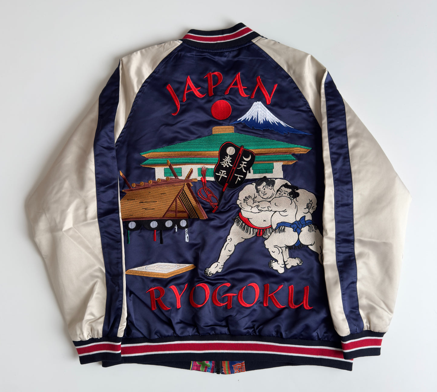 Reversible Ryogoku Sumo Wrestler Sukajan Jacket Japan Mt Fuji Embroidered Japanese Souvenir Bomber Navy Ivory L-XL