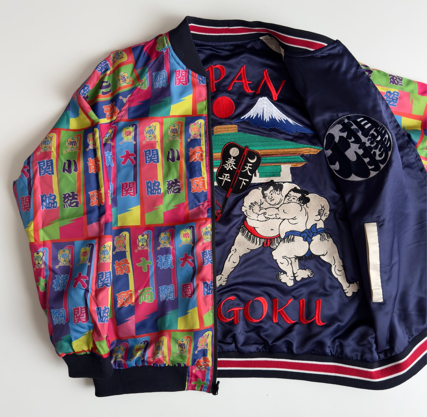 Reversible Ryogoku Sumo Wrestler Sukajan Jacket Japan Mt Fuji Embroidered Japanese Souvenir Bomber Navy Ivory L-XL