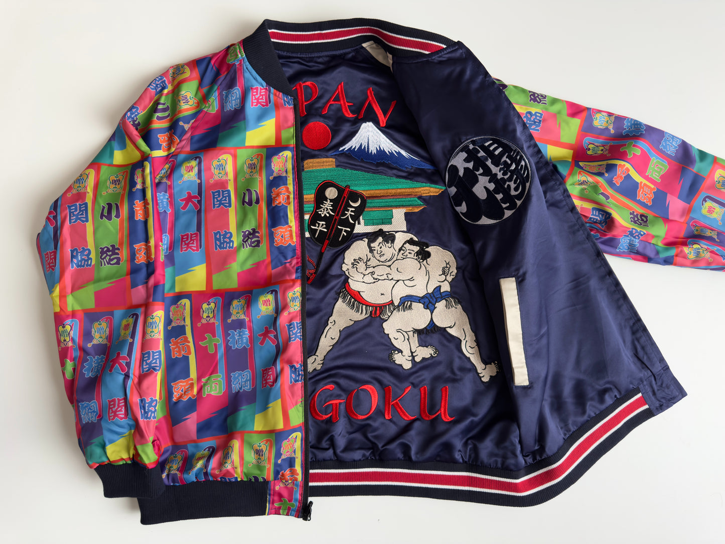 Reversible Ryogoku Sumo Wrestler Sukajan Jacket Japan Mt Fuji Embroidered Japanese Souvenir Bomber Navy Ivory L-XL