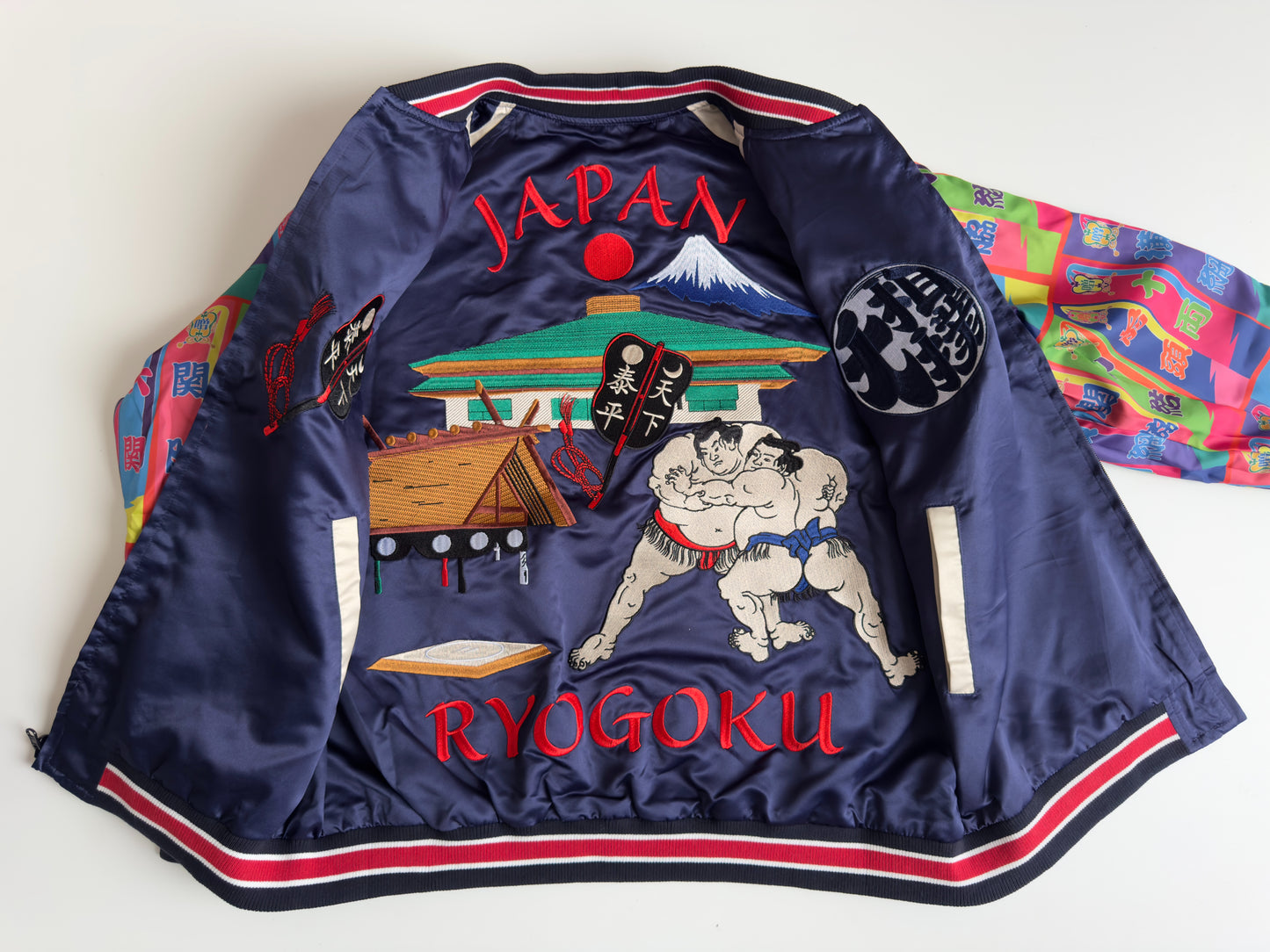 Reversible Ryogoku Sumo Wrestler Sukajan Jacket Japan Mt Fuji Embroidered Japanese Souvenir Bomber Navy Ivory L-XL