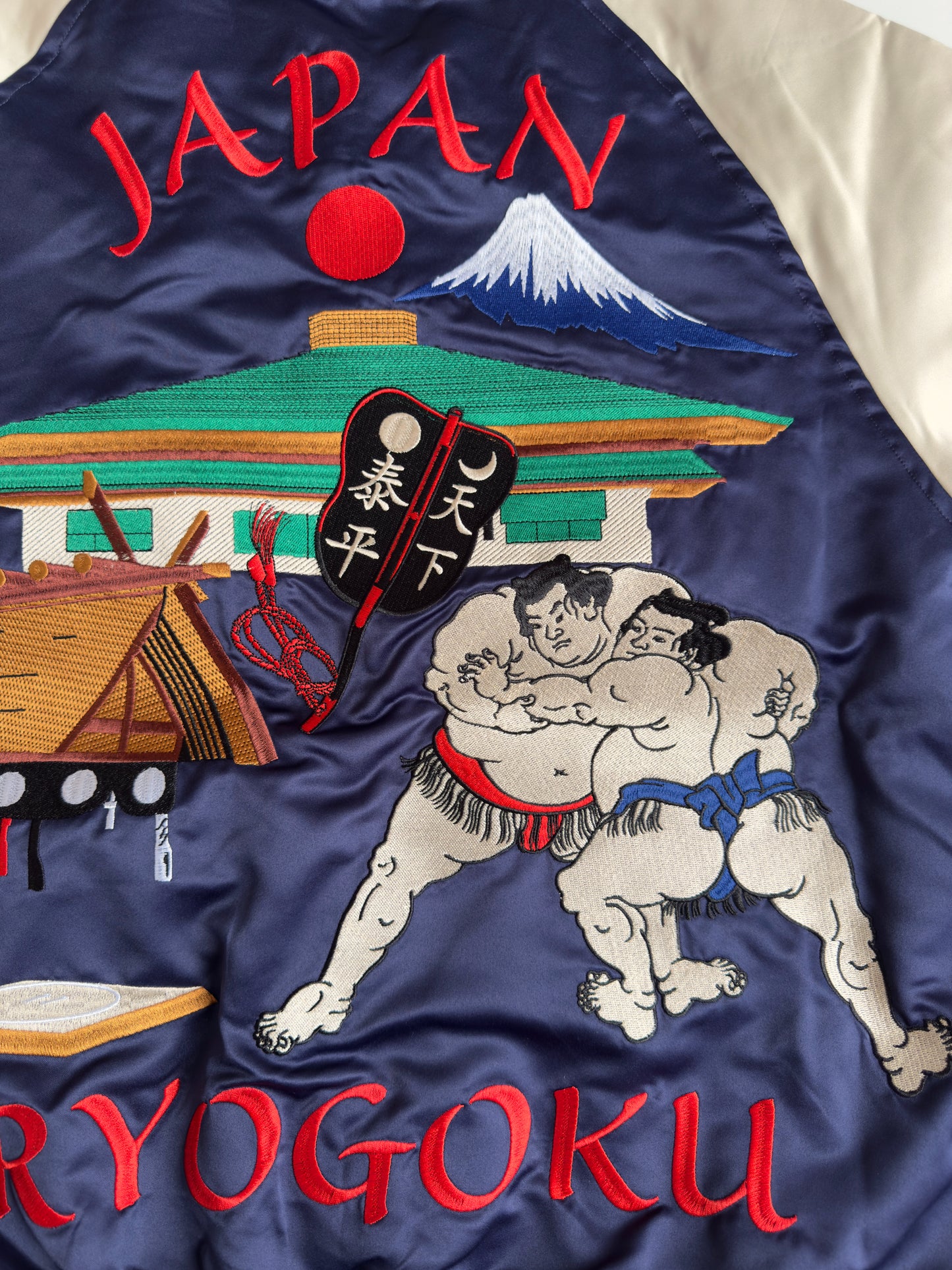 Reversible Ryogoku Sumo Wrestler Sukajan Jacket Japan Mt Fuji Embroidered Japanese Souvenir Bomber Navy Ivory L-XL