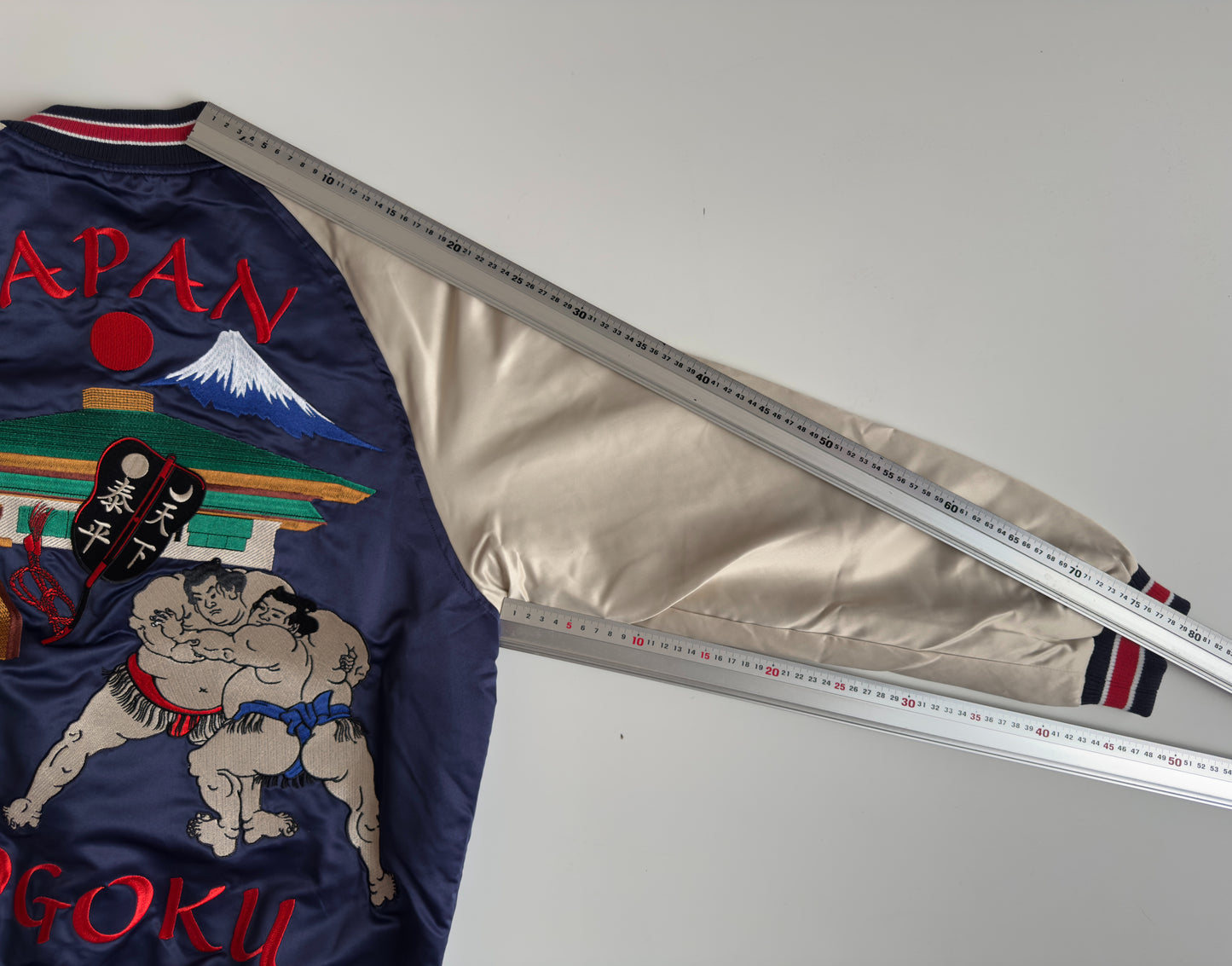 Reversible Ryogoku Sumo Wrestler Sukajan Jacket Japan Mt Fuji Embroidered Japanese Souvenir Bomber Navy Ivory L-XL