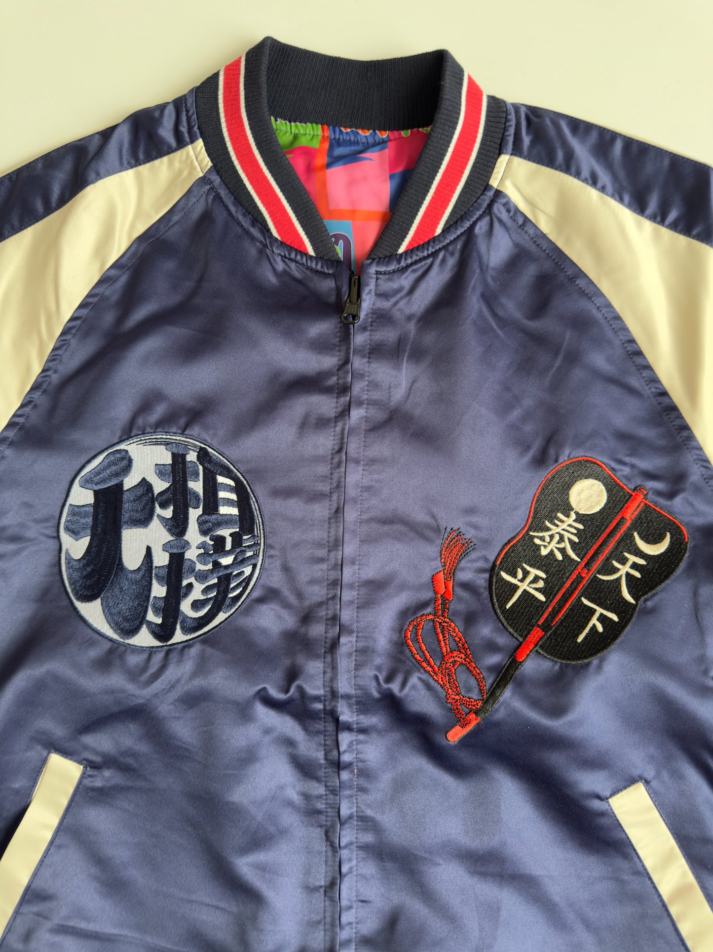Reversible Ryogoku Sumo Wrestler Sukajan Jacket Japan Mt Fuji Embroidered Japanese Souvenir Bomber Navy Ivory L-XL