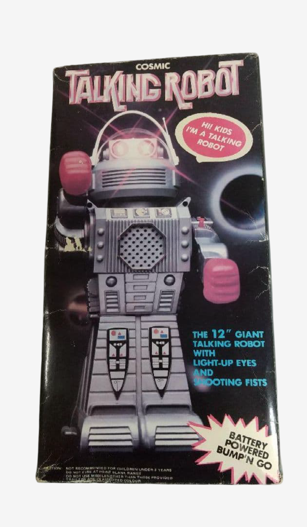Kamco Cosmic Talking Robot · 12-Inch Battery-Operated Robot with Light-Up Eyes, Shooting Fists & Original Box · 1980s