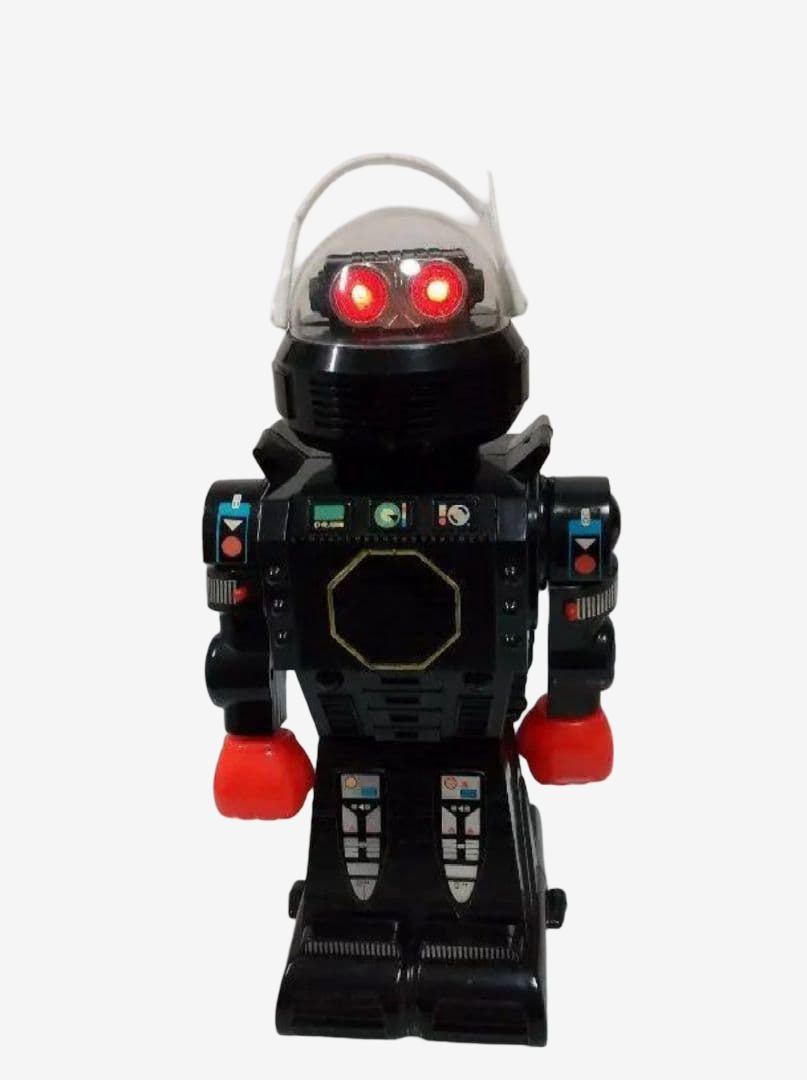 Kamco Cosmic Talking Robot · 12-Inch Battery-Operated Robot with Light-Up Eyes, Shooting Fists & Original Box · 1980s