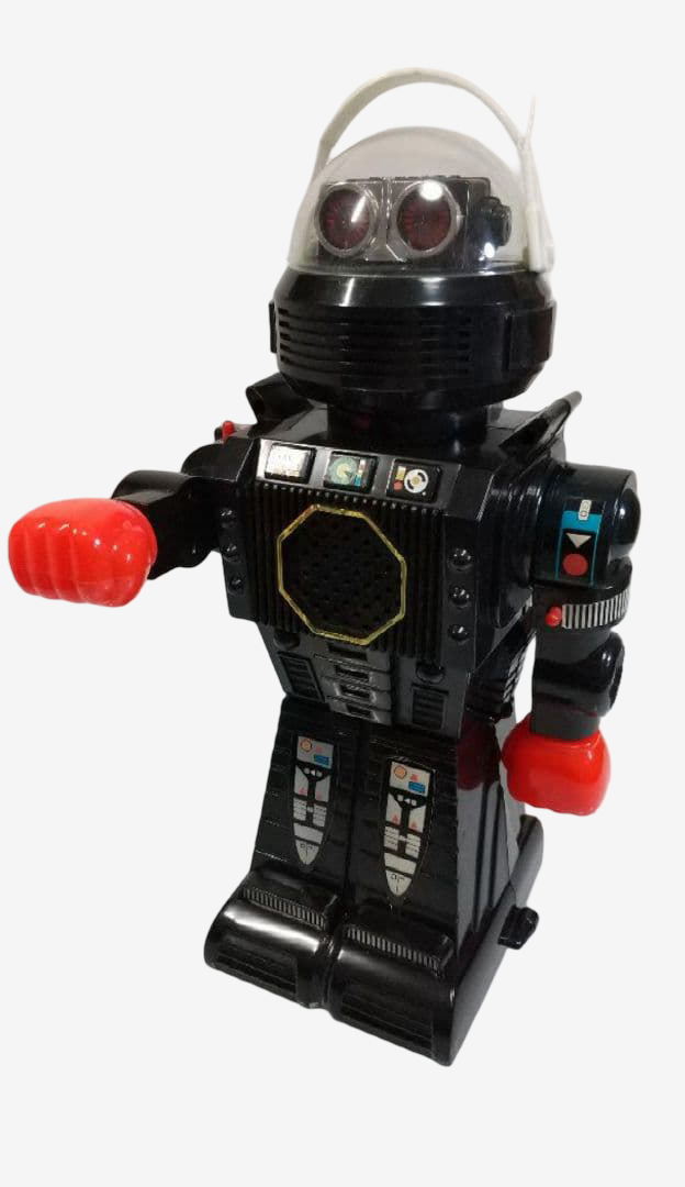 Kamco Cosmic Talking Robot · 12-Inch Battery-Operated Robot with Light-Up Eyes, Shooting Fists & Original Box · 1980s
