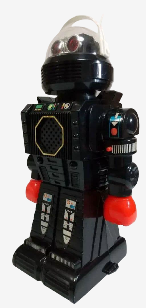 Kamco Cosmic Talking Robot · 12-Inch Battery-Operated Robot with Light-Up Eyes, Shooting Fists & Original Box · 1980s