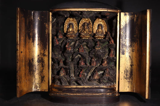 Antique EDO Japanese Zushi Shrine Cabinet w/ Gilt Triad & Carved Relief Pantheon — 36cm Wood Carving, Temple Art Display