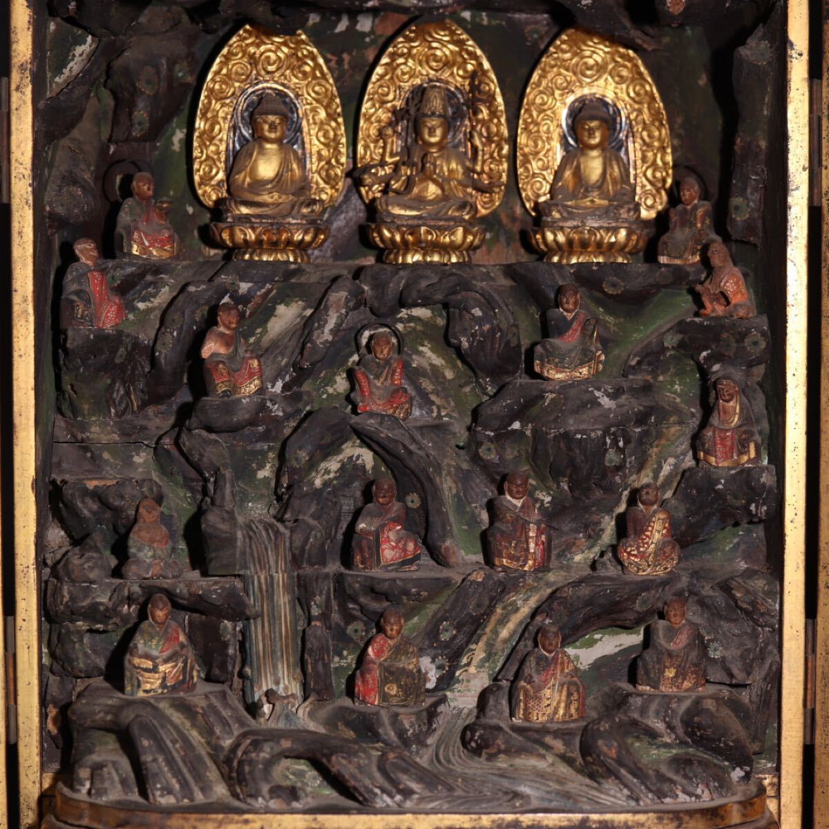 Antique EDO Japanese Zushi Shrine Cabinet w/ Gilt Triad & Carved Relief Pantheon — 36cm Wood Carving, Temple Art Display