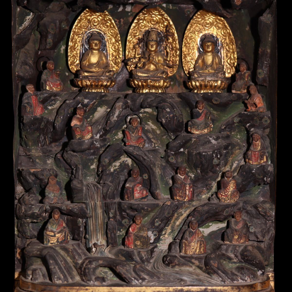 Antique EDO Japanese Zushi Shrine Cabinet w/ Gilt Triad & Carved Relief Pantheon — 36cm Wood Carving, Temple Art Display