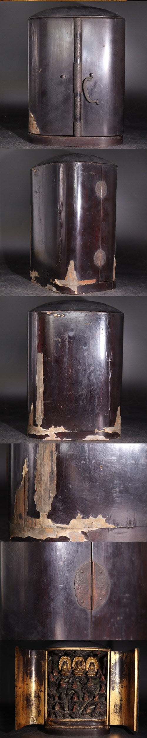 Antique EDO Japanese Zushi Shrine Cabinet w/ Gilt Triad & Carved Relief Pantheon — 36cm Wood Carving, Temple Art Display