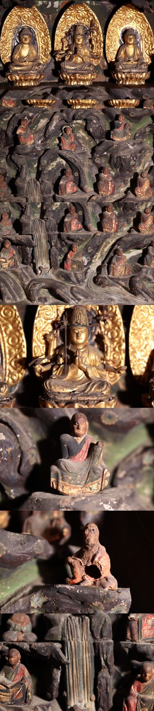 Antique EDO Japanese Zushi Shrine Cabinet w/ Gilt Triad & Carved Relief Pantheon — 36cm Wood Carving, Temple Art Display