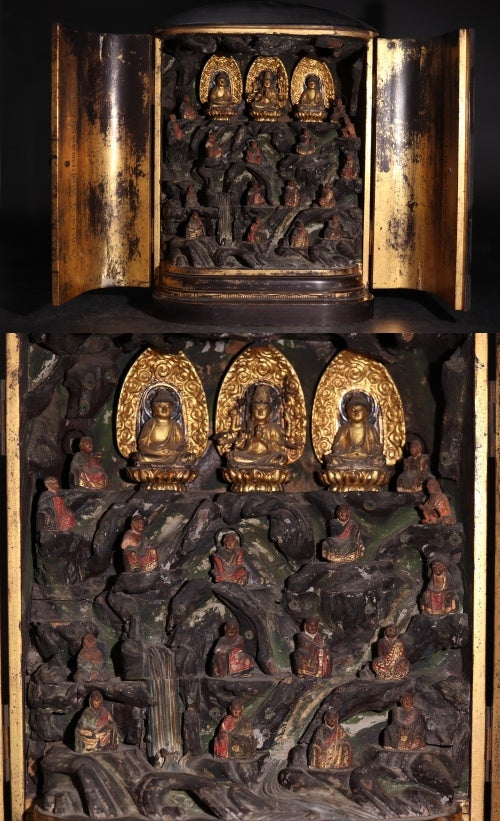 Antique EDO Japanese Zushi Shrine Cabinet w/ Gilt Triad & Carved Relief Pantheon — 36cm Wood Carving, Temple Art Display