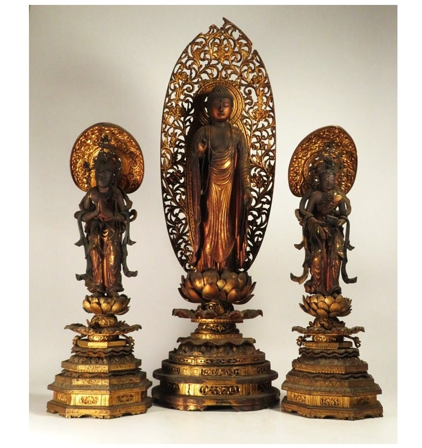 Amida Nyorai Triad — Edo–Meiji Wooden Buddhist Sculpture Set, Temple-Scale Devotional Installation (68 cm)