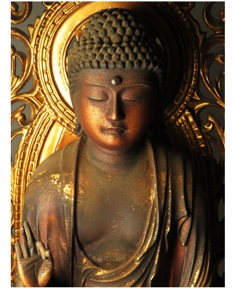 Amida Nyorai Triad — Edo–Meiji Wooden Buddhist Sculpture Set, Temple-Scale Devotional Installation (68 cm)