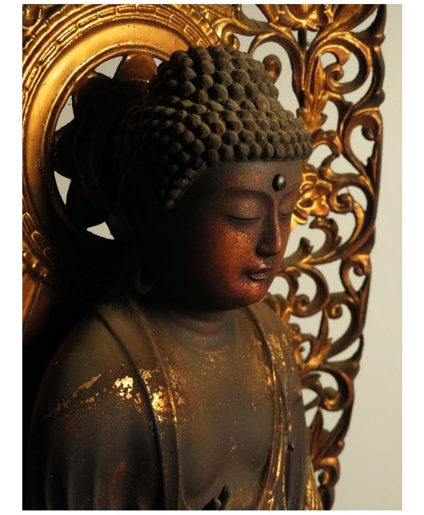 Amida Nyorai Triad — Edo–Meiji Wooden Buddhist Sculpture Set, Temple-Scale Devotional Installation (68 cm)