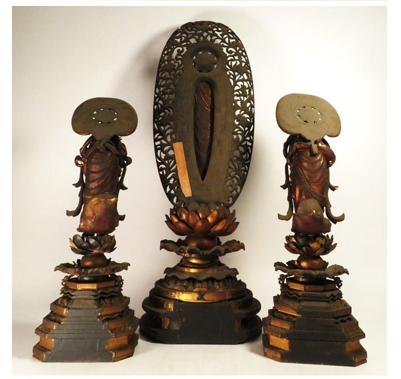 Amida Nyorai Triad — Edo–Meiji Wooden Buddhist Sculpture Set, Temple-Scale Devotional Installation (68 cm)