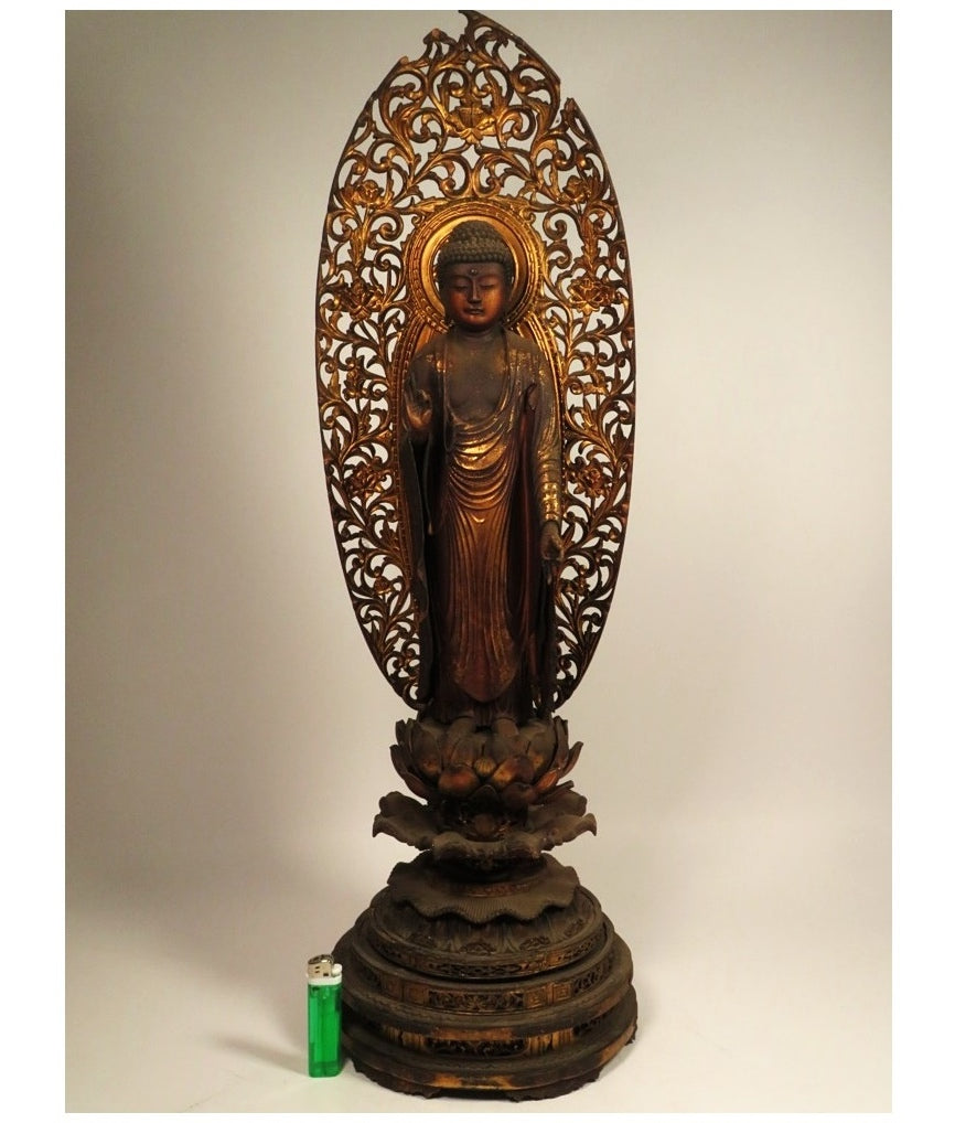 Amida Nyorai Triad — Edo–Meiji Wooden Buddhist Sculpture Set, Temple-Scale Devotional Installation (68 cm)