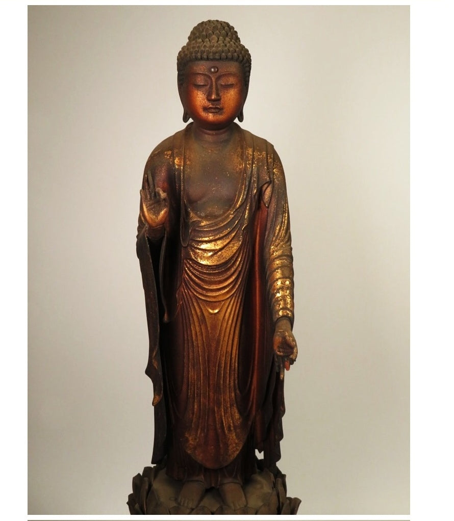 Amida Nyorai Triad — Edo–Meiji Wooden Buddhist Sculpture Set, Temple-Scale Devotional Installation (68 cm)