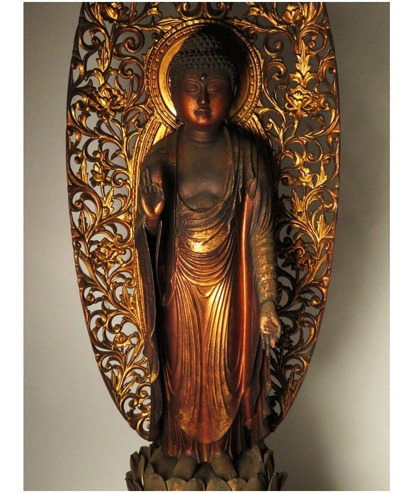 Amida Nyorai Triad — Edo–Meiji Wooden Buddhist Sculpture Set, Temple-Scale Devotional Installation (68 cm)