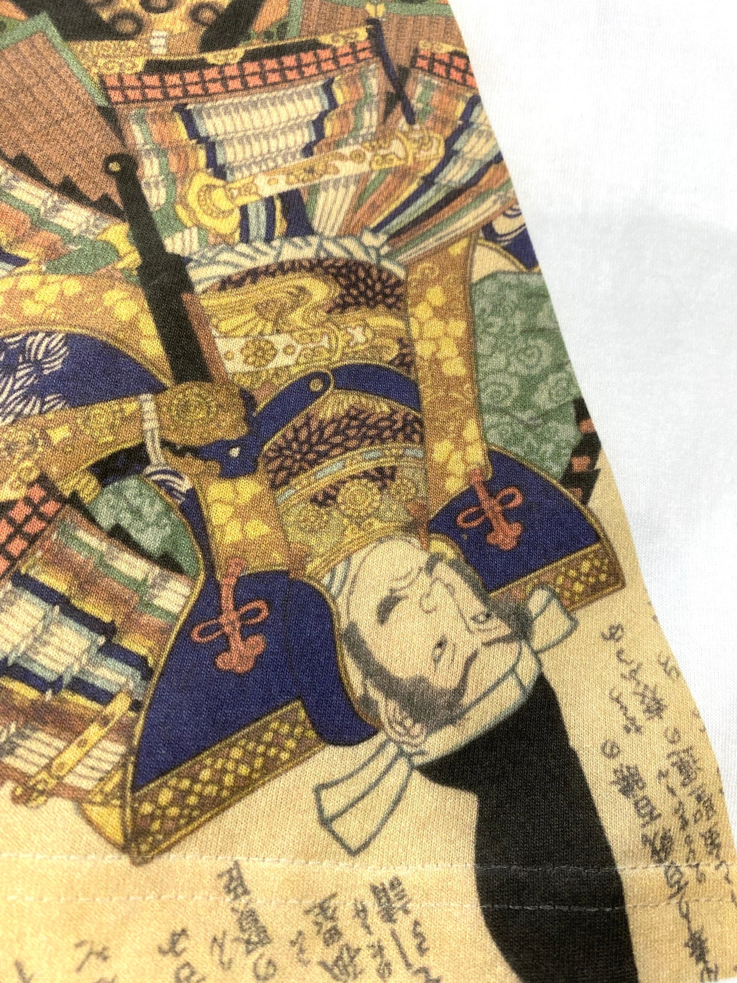 Bespoke Hypebeast Japanese Vintage Wagara Ukiyoe Samurai Kabuki Geisha Sharaku Hokusai Wave Style Handmade Graphic Custom COTE MER Upcycle Sustainable Street Fashion Kimono Obi Boro Design Remake Tops Print T Tee Shirt ( Size : L )
