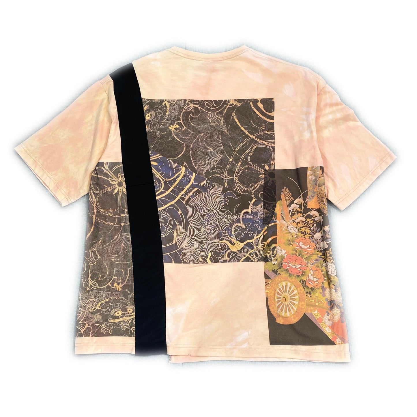 Bespoke Hypebeast Japanese Vintage Style Handmade Graphic Custom COTE MER Upcycle Sustainable Street Fashion Kimono Obi Boro Design Print Remake Tops Tee T Shirt ( Size : L )