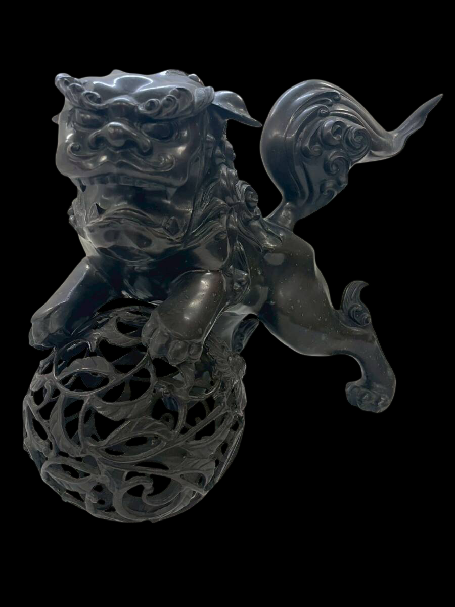 Vintage Japanese Guardian Shishi Foo Fu Dog / Lion Metal Okimono with Jewel Ball