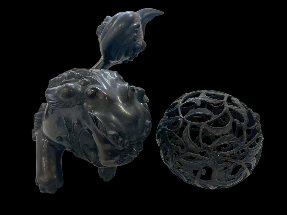 Vintage Japanese Guardian Shishi Foo Fu Dog / Lion Metal Okimono with Jewel Ball