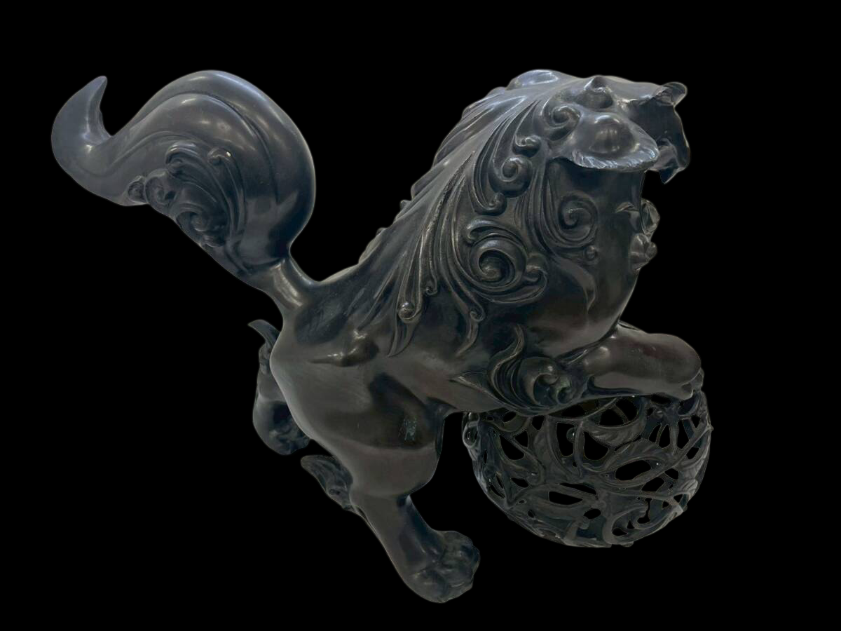 Vintage Japanese Guardian Shishi Foo Fu Dog / Lion Metal Okimono with Jewel Ball