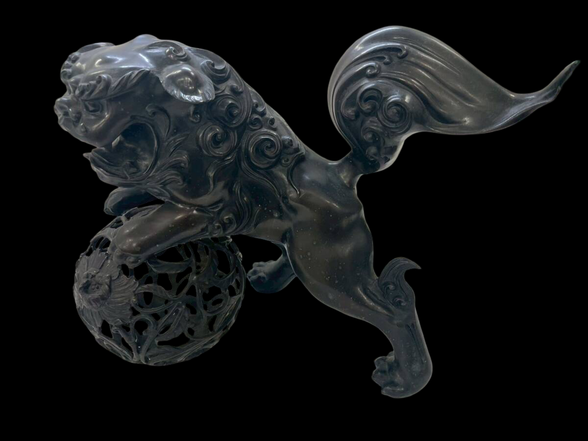 Vintage Japanese Guardian Shishi Foo Fu Dog / Lion Metal Okimono with Jewel Ball