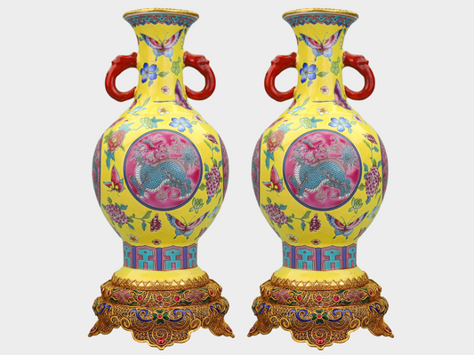 Qing Dynasty Famille Rose Dragon & Floral Paired Vases on Gilt Bronze Stands — Chinese Imperial Revival Decorative Art, 29cm