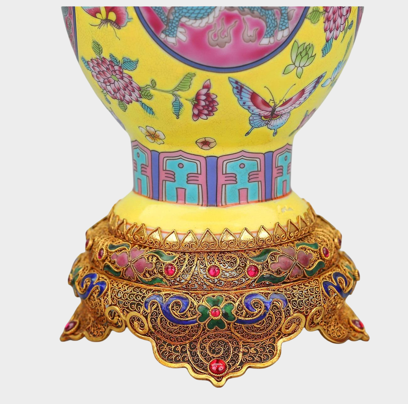 Qing Dynasty Famille Rose Dragon & Floral Paired Vases on Gilt Bronze Stands — Chinese Imperial Revival Decorative Art, 29cm