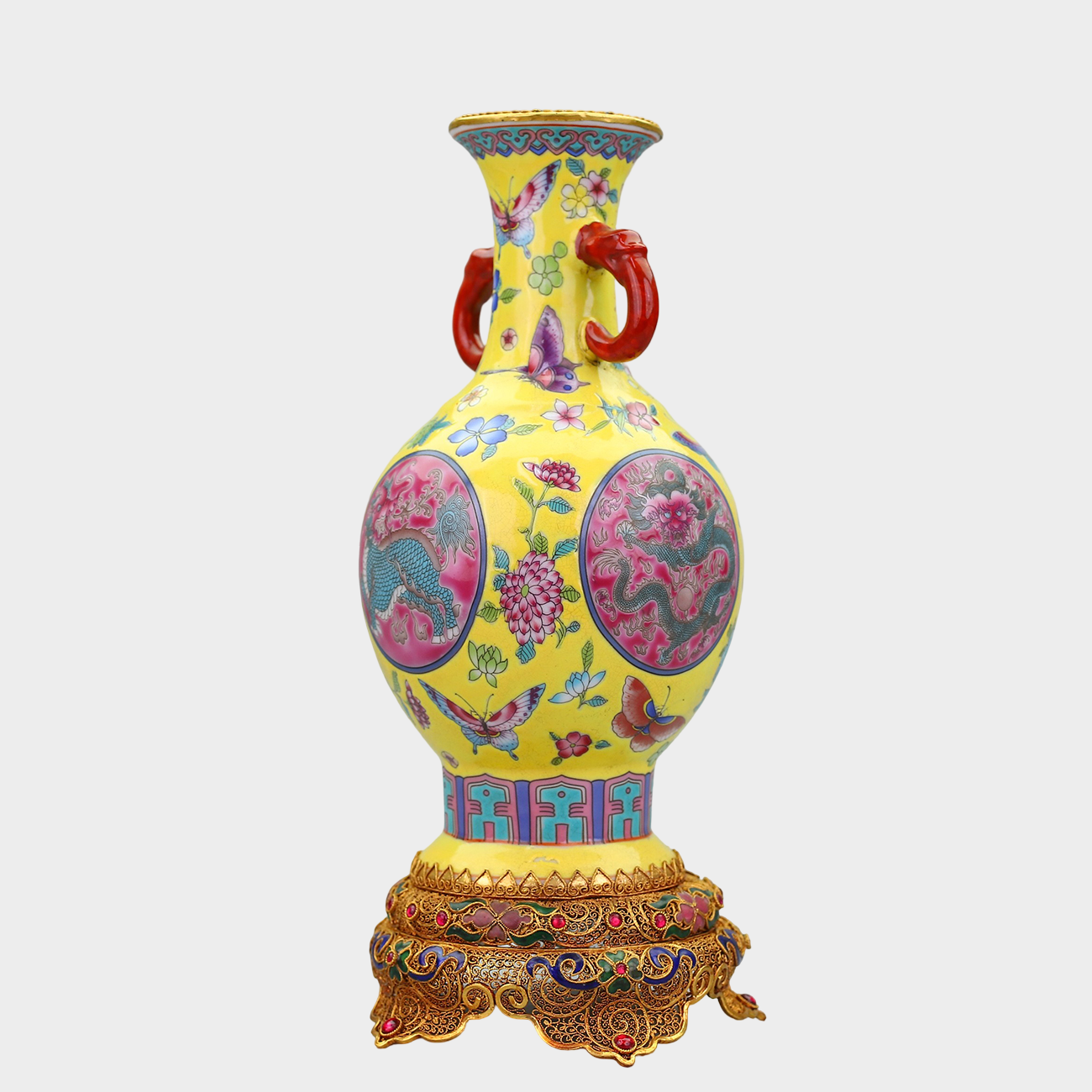Qing Dynasty Famille Rose Dragon & Floral Paired Vases on Gilt Bronze Stands — Chinese Imperial Revival Decorative Art, 29cm
