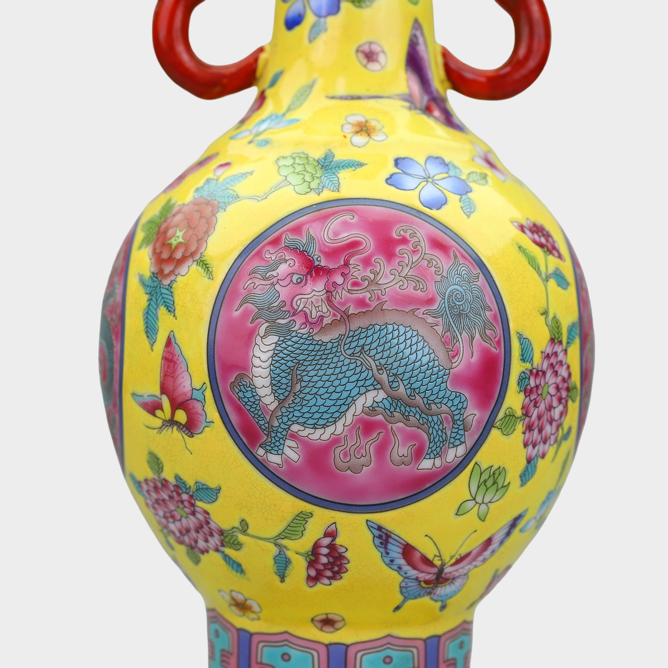 Qing Dynasty Famille Rose Dragon & Floral Paired Vases on Gilt Bronze Stands — Chinese Imperial Revival Decorative Art, 29cm