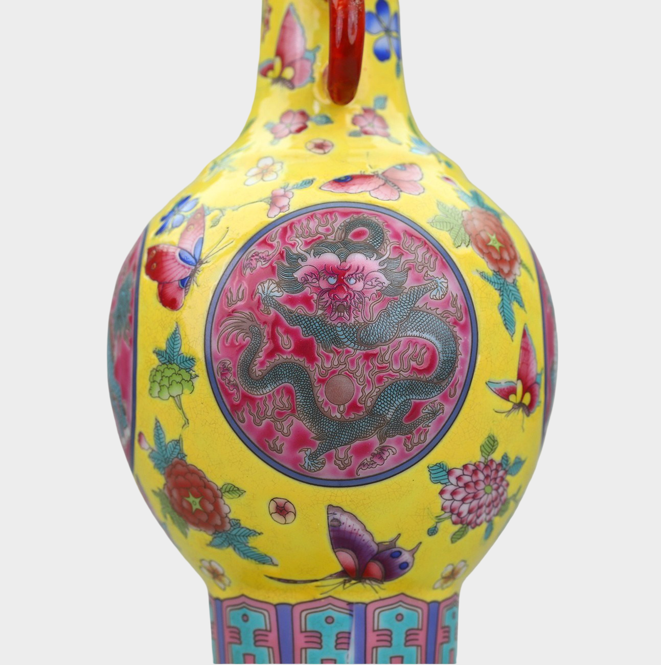 Qing Dynasty Famille Rose Dragon & Floral Paired Vases on Gilt Bronze Stands — Chinese Imperial Revival Decorative Art, 29cm