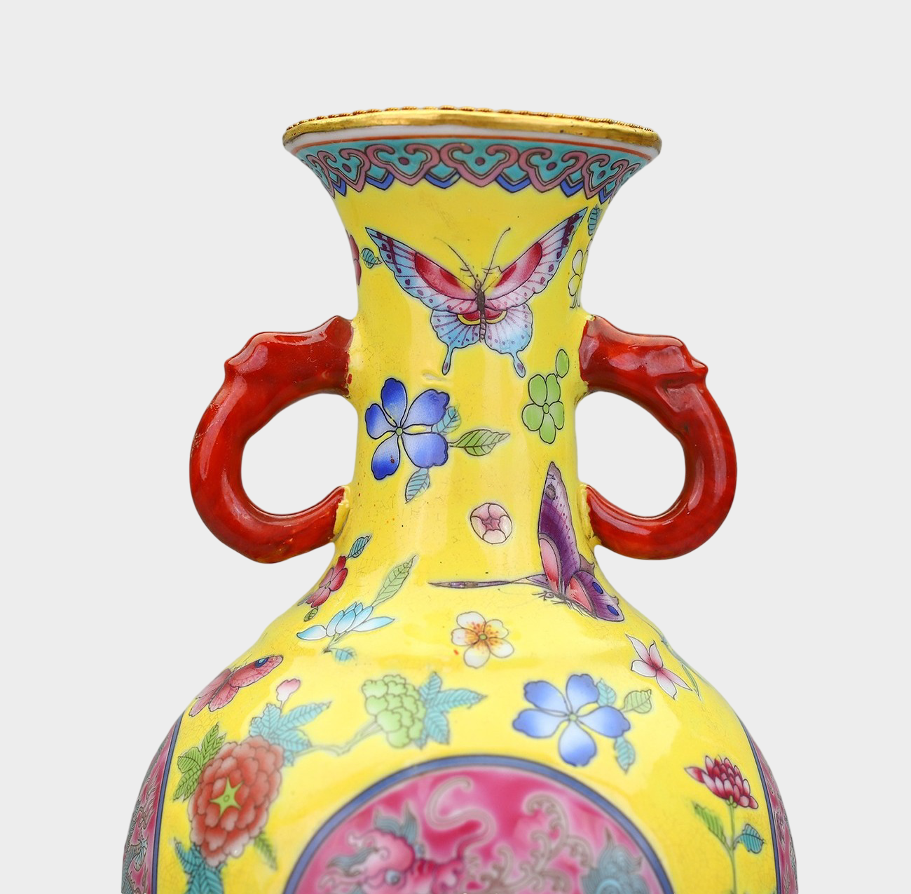 Qing Dynasty Famille Rose Dragon & Floral Paired Vases on Gilt Bronze Stands — Chinese Imperial Revival Decorative Art, 29cm