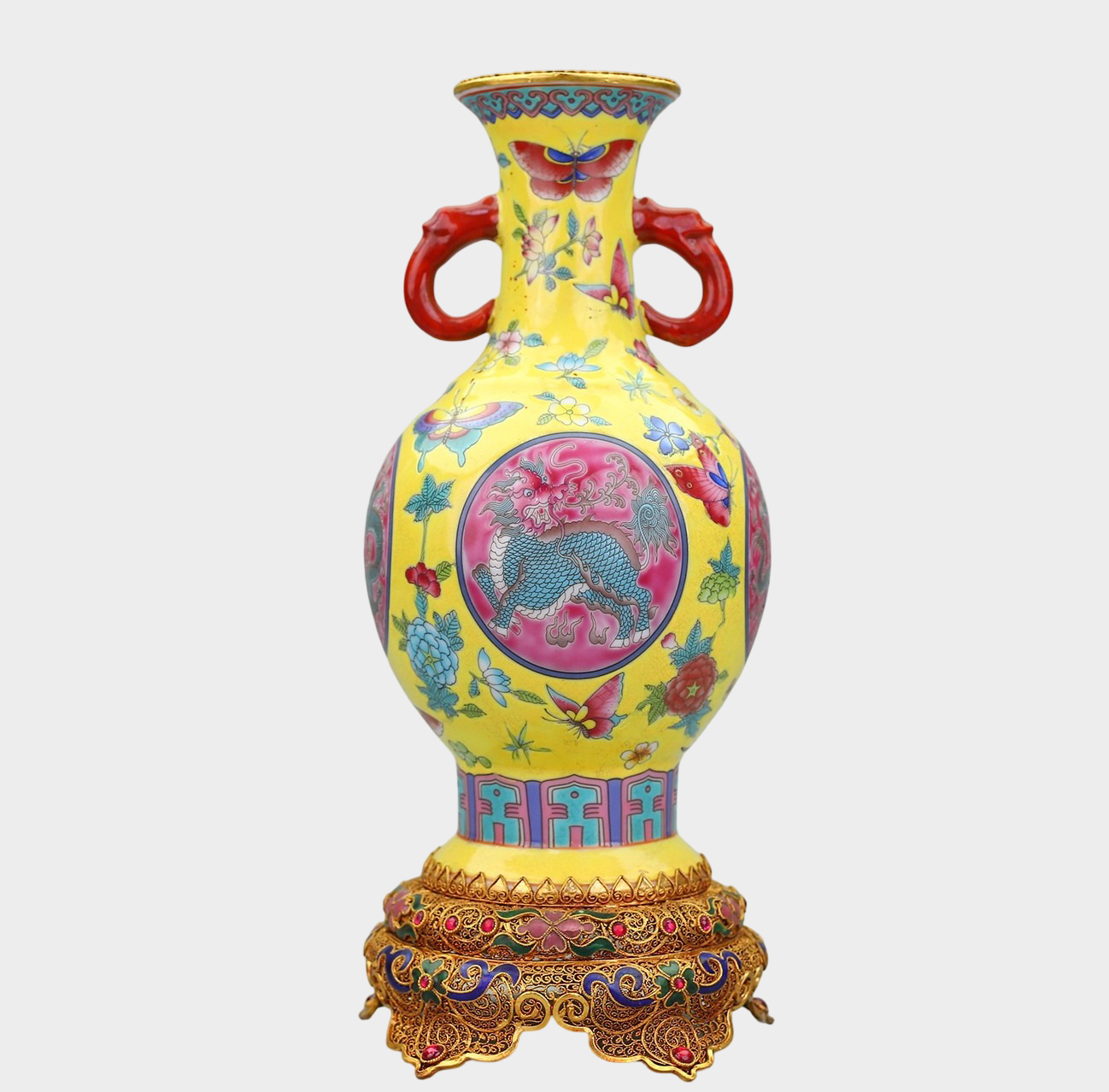 Qing Dynasty Famille Rose Dragon & Floral Paired Vases on Gilt Bronze Stands — Chinese Imperial Revival Decorative Art, 29cm