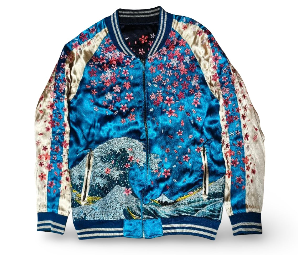 Reversible Japanese Sukajan Jacket – Red Koi Fish & Sakura Embroidery / Hokusai Great Wave Blue Satin Bomber (Vintage Preloved)