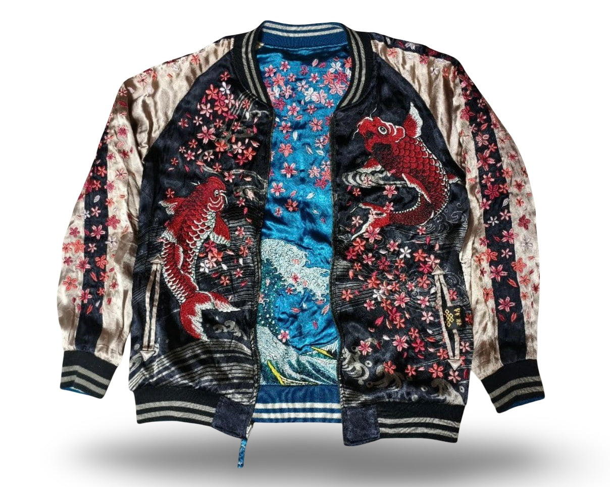 Reversible Japanese Sukajan Jacket – Red Koi Fish & Sakura Embroidery / Hokusai Great Wave Blue Satin Bomber (Vintage Preloved)