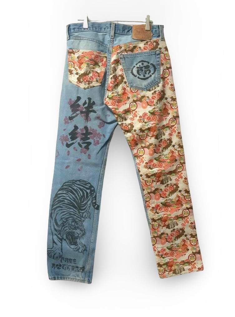 Levi’s 501 Remake Wagara Tiger & Floral Patchwork Art Denim – Japanese Style