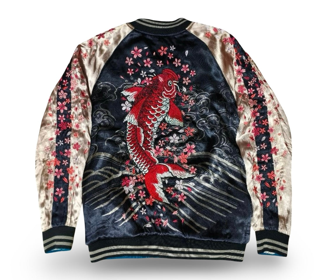Reversible Japanese Sukajan Jacket – Red Koi Fish & Sakura Embroidery / Hokusai Great Wave Blue Satin Bomber (Vintage Preloved)