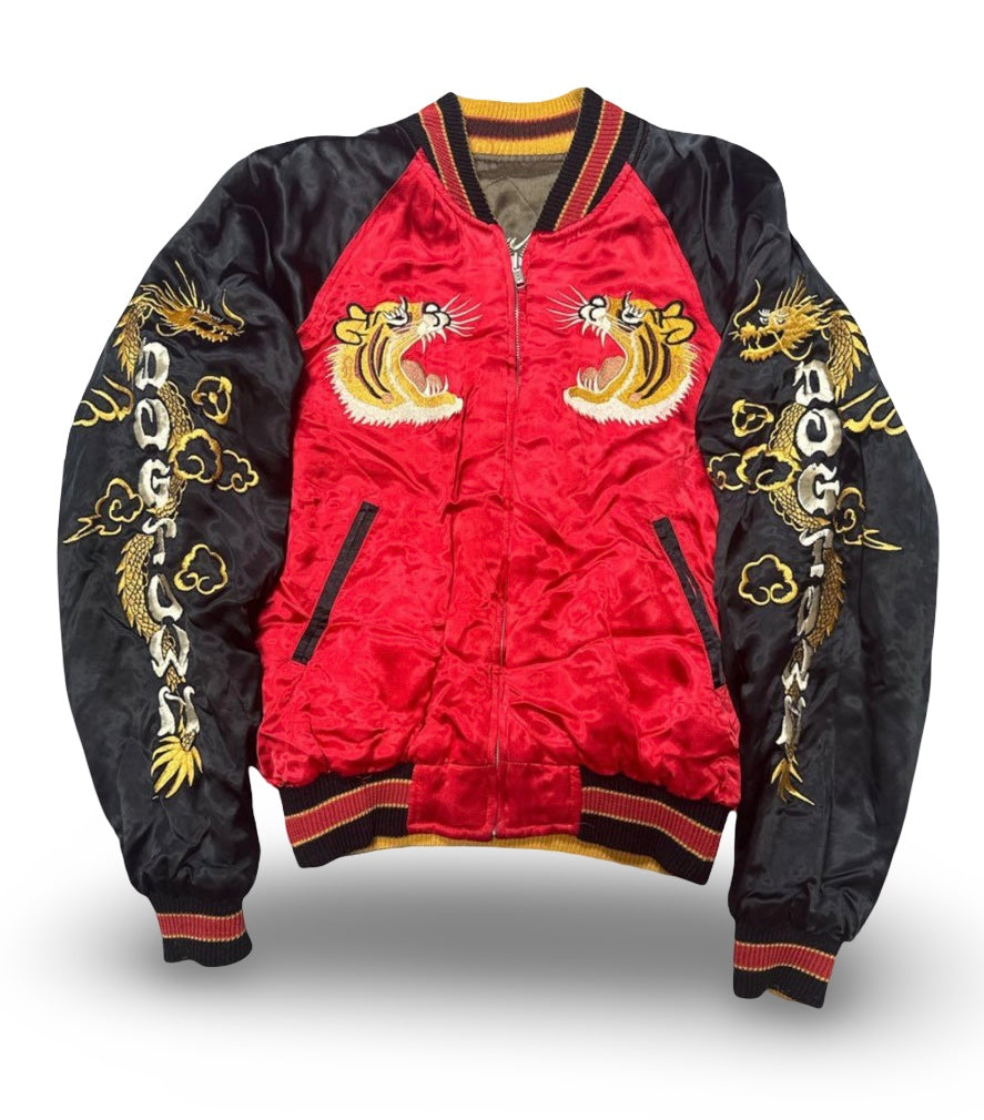 Reversible DOGTOWN Dragon & Tiger Sukajan – Japan Map Embroidery / 90s–00s Vintage Satin Souvenir Jacket (Preloved)
