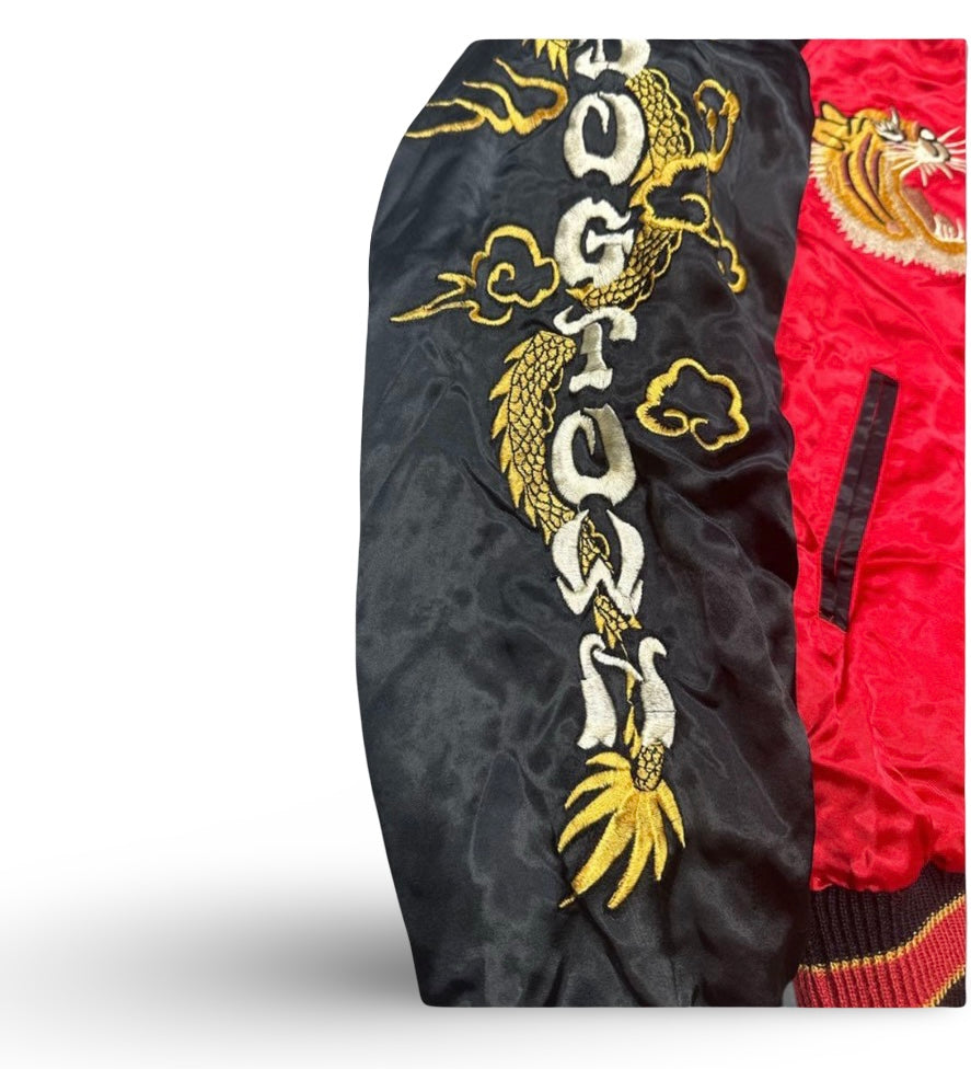 Reversible DOGTOWN Dragon & Tiger Sukajan – Japan Map Embroidery / 90s–00s Vintage Satin Souvenir Jacket (Preloved)