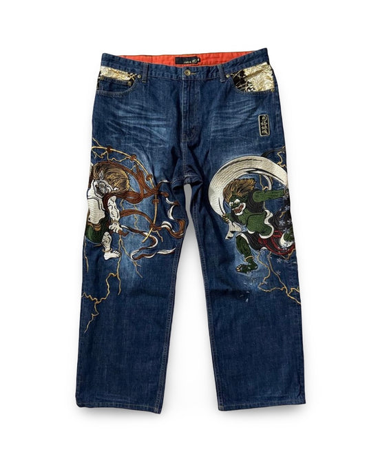Karakuri Tamashii Fūjin & Raijin Embroidered Japanese Yakuza Denim – W40 Artwear Jeans